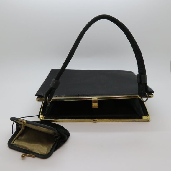 Vintage Handheld Black Satin Purse Bag After Five Mother Pearl Frame Top Handle - Picture 10 of 16